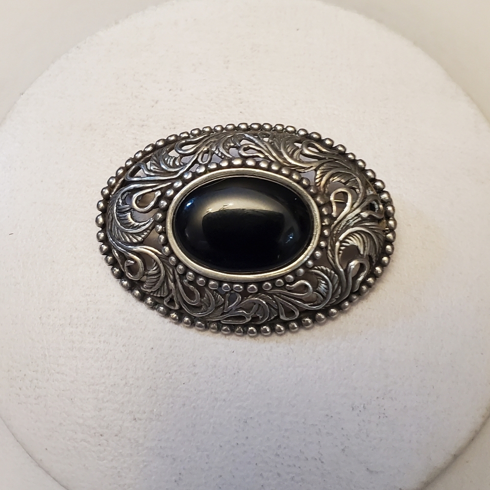 Vintage Silver and Onyx Jezlaine Brooch